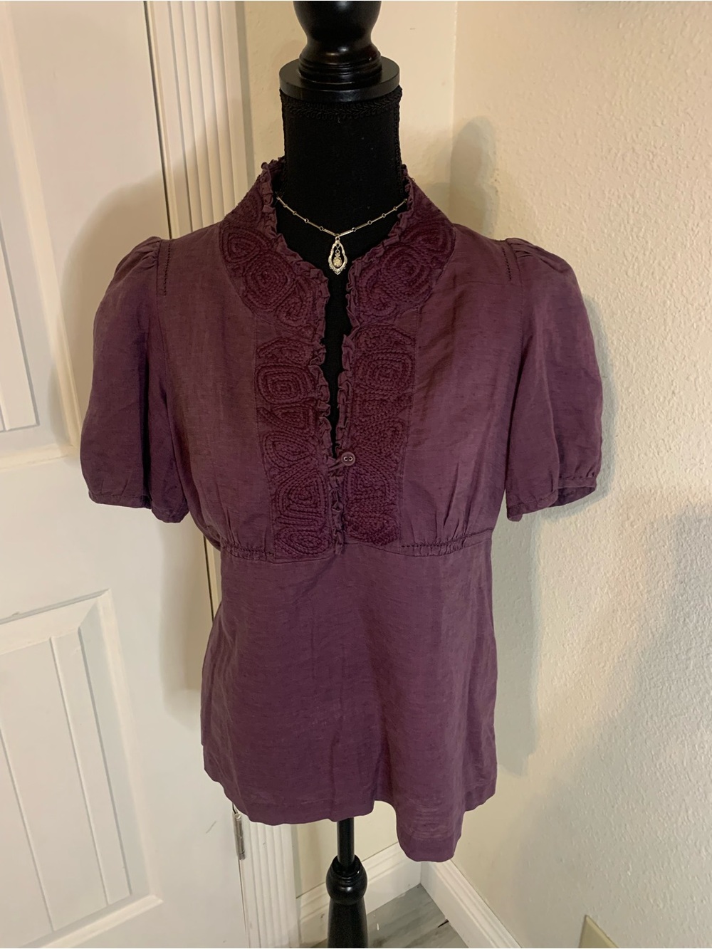 Banana Republic Plum Lace-Trim Short-Sleeve Blouse